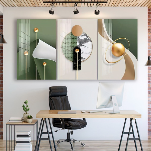 Cuadros Decorativos Abstractos Verde Y Dorado ltop-decor Geométricos Para Sala 3 Unidades