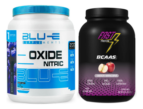 Óxido Nítrico Blu-e 1 Kg + Bcaas Fast 1kg Varios Sabores Moras / Manzana