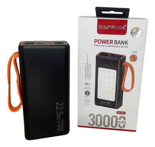 Carregador Portátil 30000mah Turbo 22.5w Com Lanterna Bivolt Cor Preto