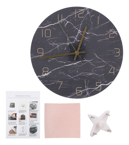 Reloj De Pared Redondo Con Textura De Mármol, Silencioso Y R