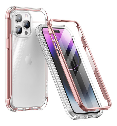 Carcasa Suritch Transparente Para iPhone 14 Pro Max Con Mica Color Oro Rosa Hd Pe Film