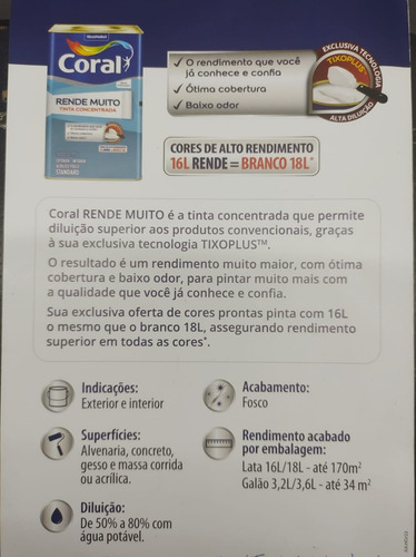 Tinta Coral Rende Muito Fosca Interna Externa 16l