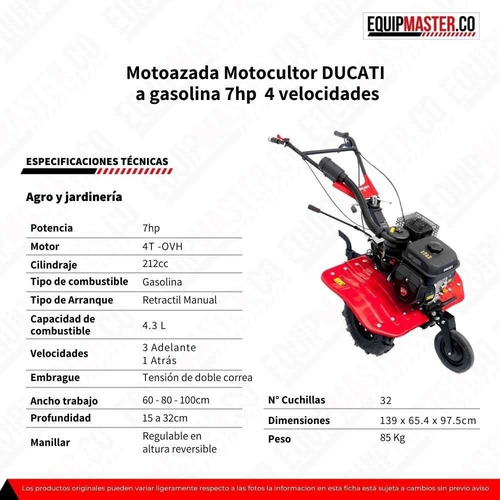 Imagen 2 de 9 de Motoazada Motocultor Ducati Dtl9000 Gasolina 7hp 4 Vel