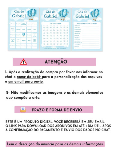 Kit 3 Brincadeiras Chá De Bebê Em Pdf-tema: Balões Azul