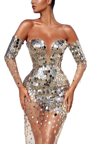 Sequined Off Shoulder Gauze See Through Long Evening Gown