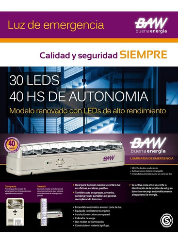 Imagen 4 de 8 de Luz De Emergencia 30 Leds Portatil 40hrs Baw Mayor Duracion