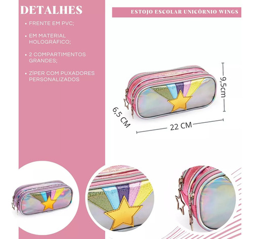 Estojo Estrela Unicornio Escolar 2 Zipers Duplo Rosa Menina