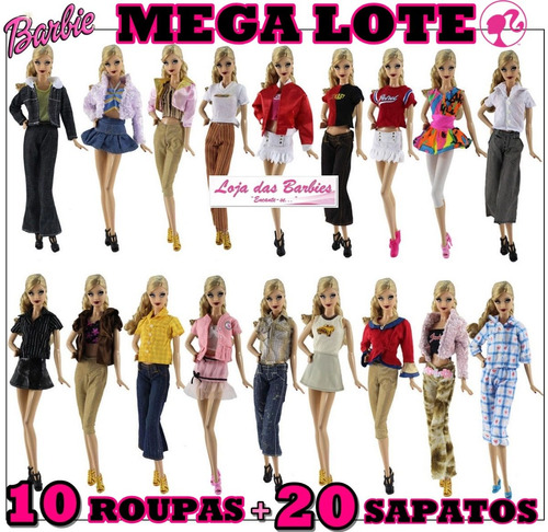 Kit Boneca Barbie 10 Roupas 20 Sapatos 10 Acessórios