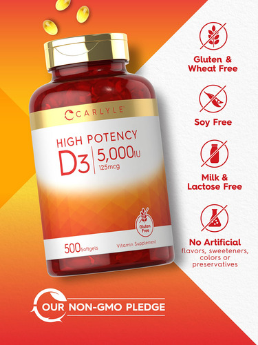 Carlyle Vitamina D3 5000 Ui Suplemento No Gmo 500 Cápsulas