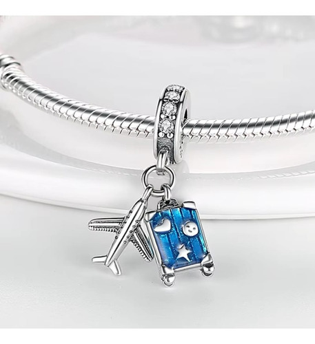 Charm Dije Valija Azul Con Avion Para Pulsera O Cadena Azul Claro
