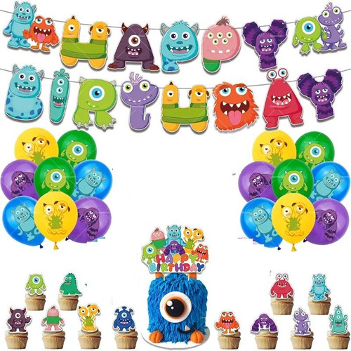 Set 16 Globos Látex Monster Inc Sulley Letrero Fiesta Y 