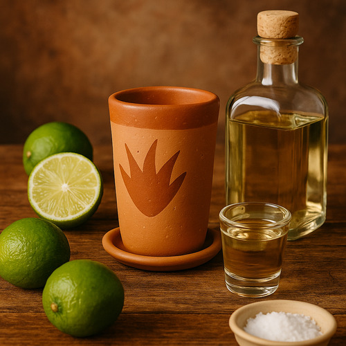 Set De 5 Tequileros Artesanales De Barro Con Portatequilero