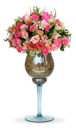 Arranjo Centro De Mesa Vaso Taça Vidro Flores Rosas Lindas