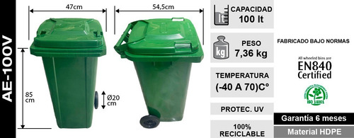 Imagen 3 de 3 de Contenedor Basurero Con Ruedas Plastico Verde 100 Lts Soin