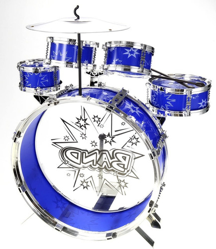 Bateria Musical Para Niños Banco Baquetas Platillo Bombo Color Azul