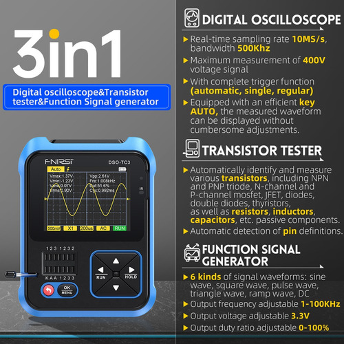 Osciloscopio Con Pantalla 3 En 1, Medidor De 10 Ms/s, 500 Kh