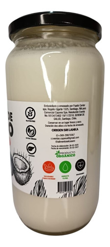 Aceite Coco Orgánico Extra Virgen 2x1 Litro Di Capona Vidrio