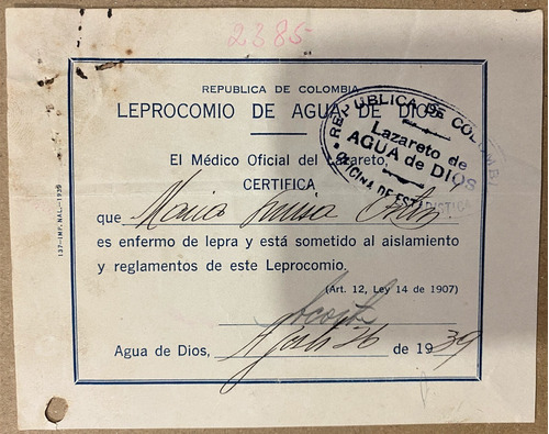 Lazareto De Agua De Dios Certificado Médico Agosto 1939