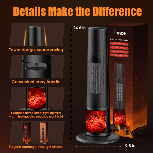 Calentador Torre Giratorio Chimenea 1500w Ceramica C/control Negro