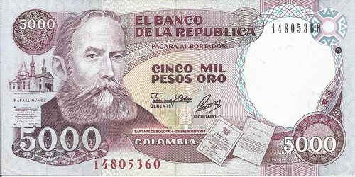 Colombia 5000 Pesos Oro 31 Eneo 1992