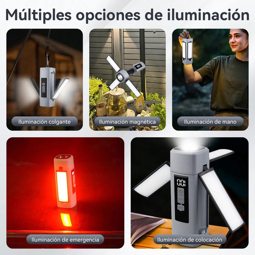 Linterna de Emergencia Multifuncional Portátil Camping Luz Recargable Plegable para Exploración al Aire Libre Camping Gris