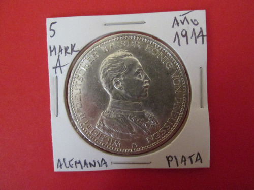 Antigua Moneda Imperio Aleman 5 Mark Plata Año 1914 
