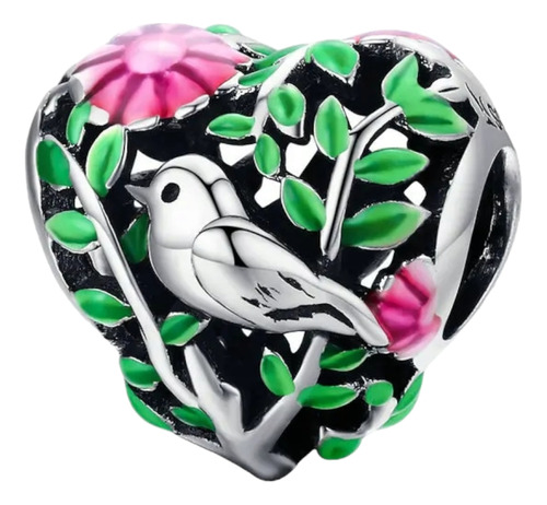 Charm Corazón Pajarito Plata Fina 925 