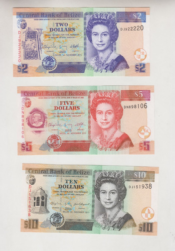 Colección 3 Billete Belize $1, $5 Y $10 Reina Elizabeth Ii