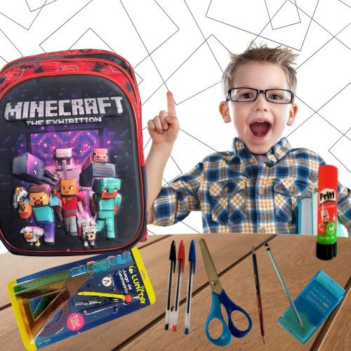 Mochila Escolar Con Lonchera Y Lapicera Incluye Kit De Útile Modelo Minecraf