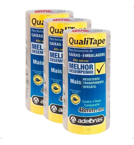 Kit 12 Un Fita Qualitape Transparente Adelbras 48mmx40m