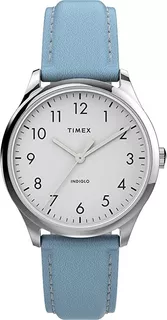 Reloj Mujer Timex Correa De Piel 32 Mm Wr 50m Tw2v25300 Color de la correa Azul Color del bisel Plateado Color del fondo Plateado