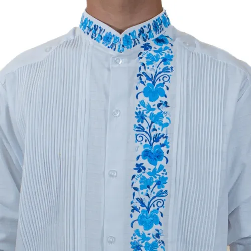 Guayabera De Lino Bordado Mod 100 Azul 950