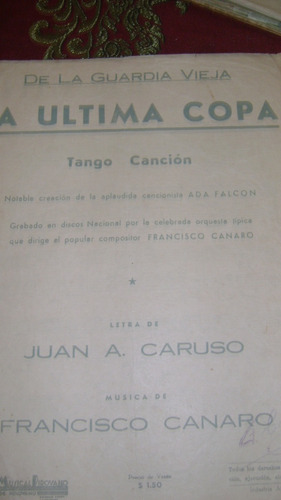 Partitura Piano La Ultima Copa Tango Cancion Serie 6.18