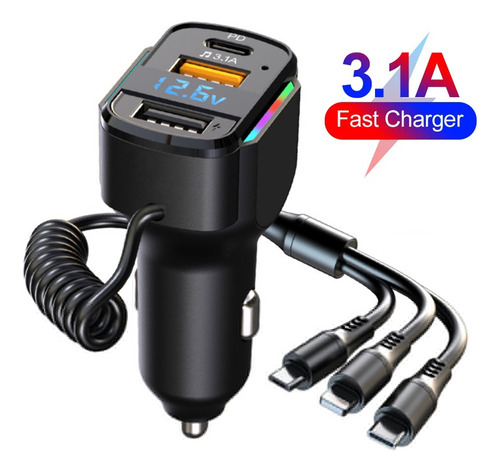 Cargador De Vehiculo 3 En 1 Carga Rapida Doble Usb 65w, 5v/3