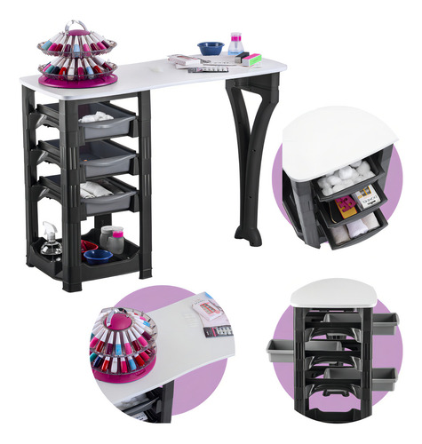 Mesa Manicure Vegas 3 Gavetas Porta Objeto Preta Tampo Em Mdf Dompel