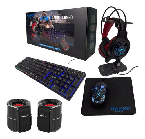 Kit Gamer 5 En 1 Parlantes, Teclado, Audífonos, Mouse, Pad