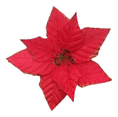 Flor Com Cabo Poinsettia Vermelha/dourado Glitter 28cm Natal | MercadoLivre
