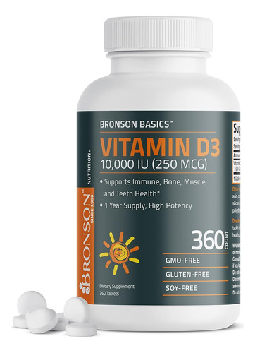 Vitamina D3 10,000 Ui (250 Mcg) Apoyo Inmunológico 360 Tabs Sabor Sin Sabor