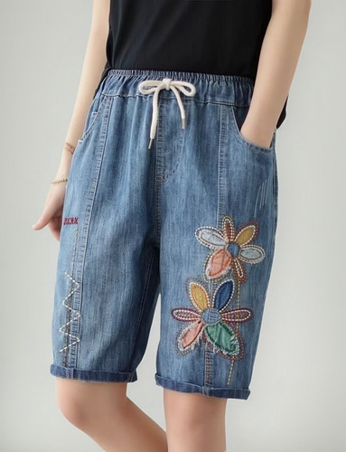 Pantalones Cortos De Mezclilla Bordados Con Cintura Elástica