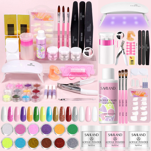 Saviland Kit De Uñas Acrílicas. Monómero Ema, Lámpara, Tips Color 3 Colores