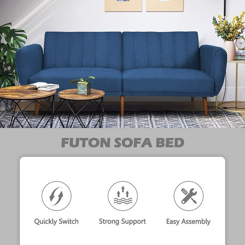 Sofa Cama Convertible 83p Tela Color Azul Marca Powerstone