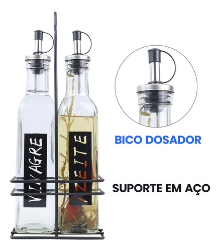 Kit Vidro Azeite E Vinagre Com Bico Dosador E Suporte Em Aço