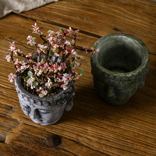 Maceta Con Cabeza De Buda De Cemento, Florero, Escultura