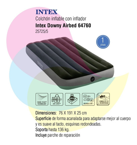 Imagen 2 de 5 de Colchon Inflable Intex Inflador Junior Downy Airbed