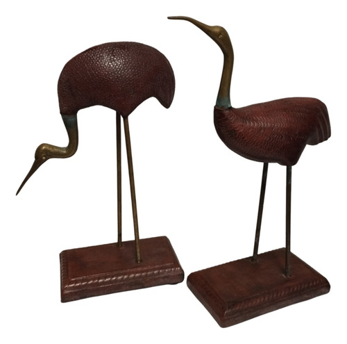 Escultura Figura Garzas Bronce Cuero Y Madera 26cm Y 24cm 