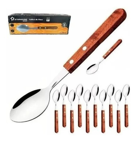 Kit 12 Talher Colher De Mesa Cozinha Churrasco Cabo Madeira