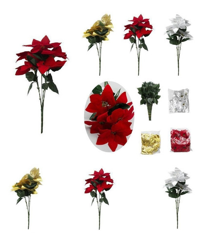 3 Ramos Flor Noche Buena Con 5 Flores Artificiales 3 Colores