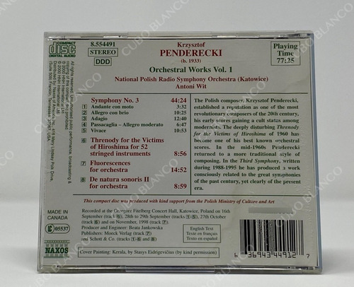 Penderecki Orchestral Works Vol 1 Symphony No 3 Threnody Cd (Usado)
