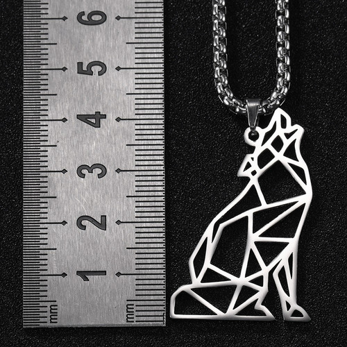 F Collar Lobo Aullando Diseño Geométrico De Acero Inoxidable