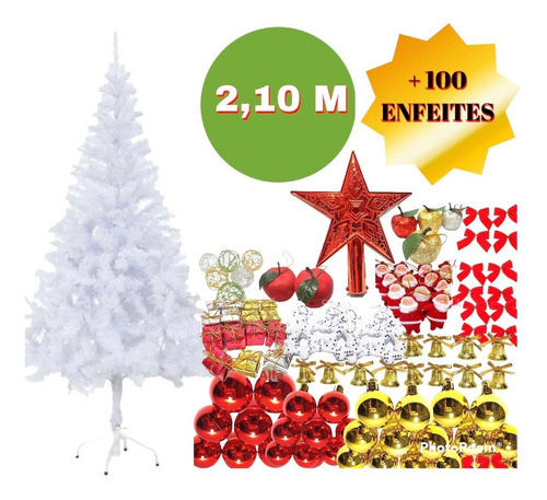 Árvore Natal Branca 2,1m 600g+100 Enfeites Vermelho- Dourado